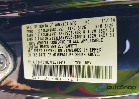 2015 Acura Rdx z USA, uszkodzony, nr VIN 5J8TB3H37FL011416